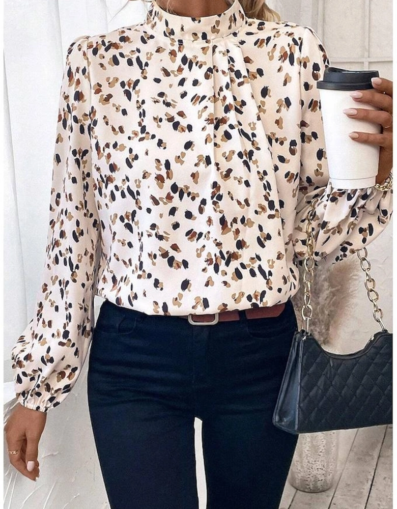 White Leopard Print Lantern Sleeve Mock Neck Pleated Blouse