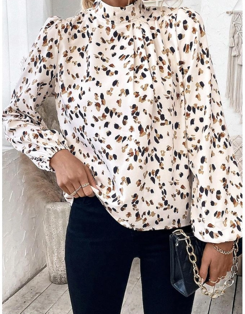 White Leopard Print Lantern Sleeve Mock Neck Pleated Blouse