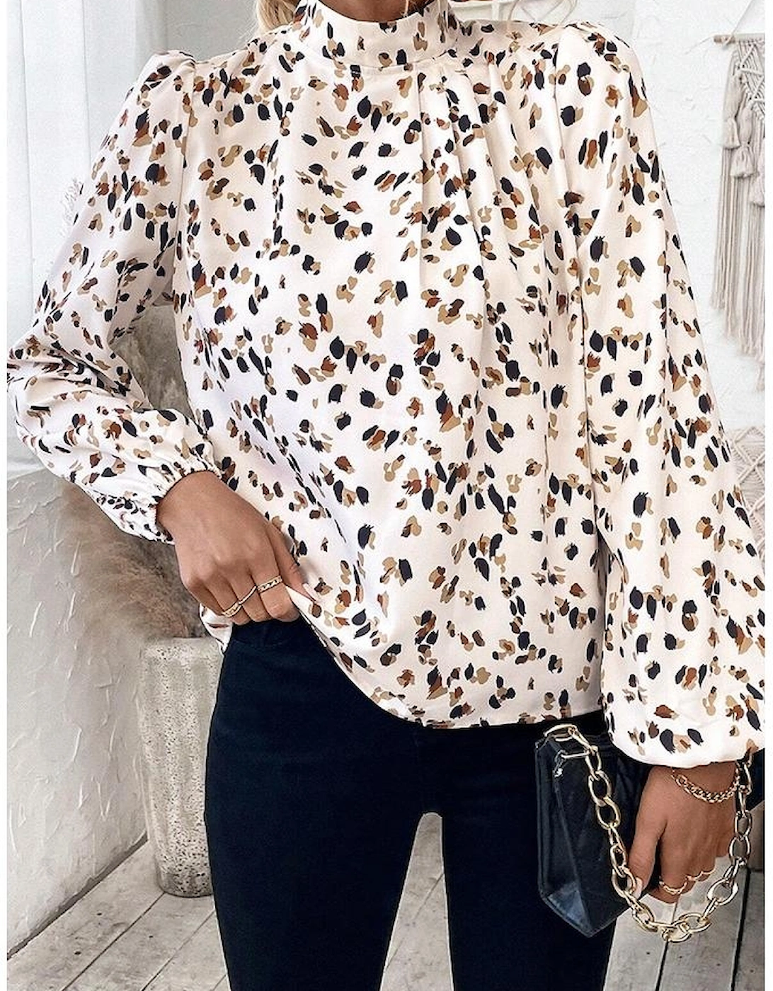 White Leopard Print Lantern Sleeve Mock Neck Pleated Blouse