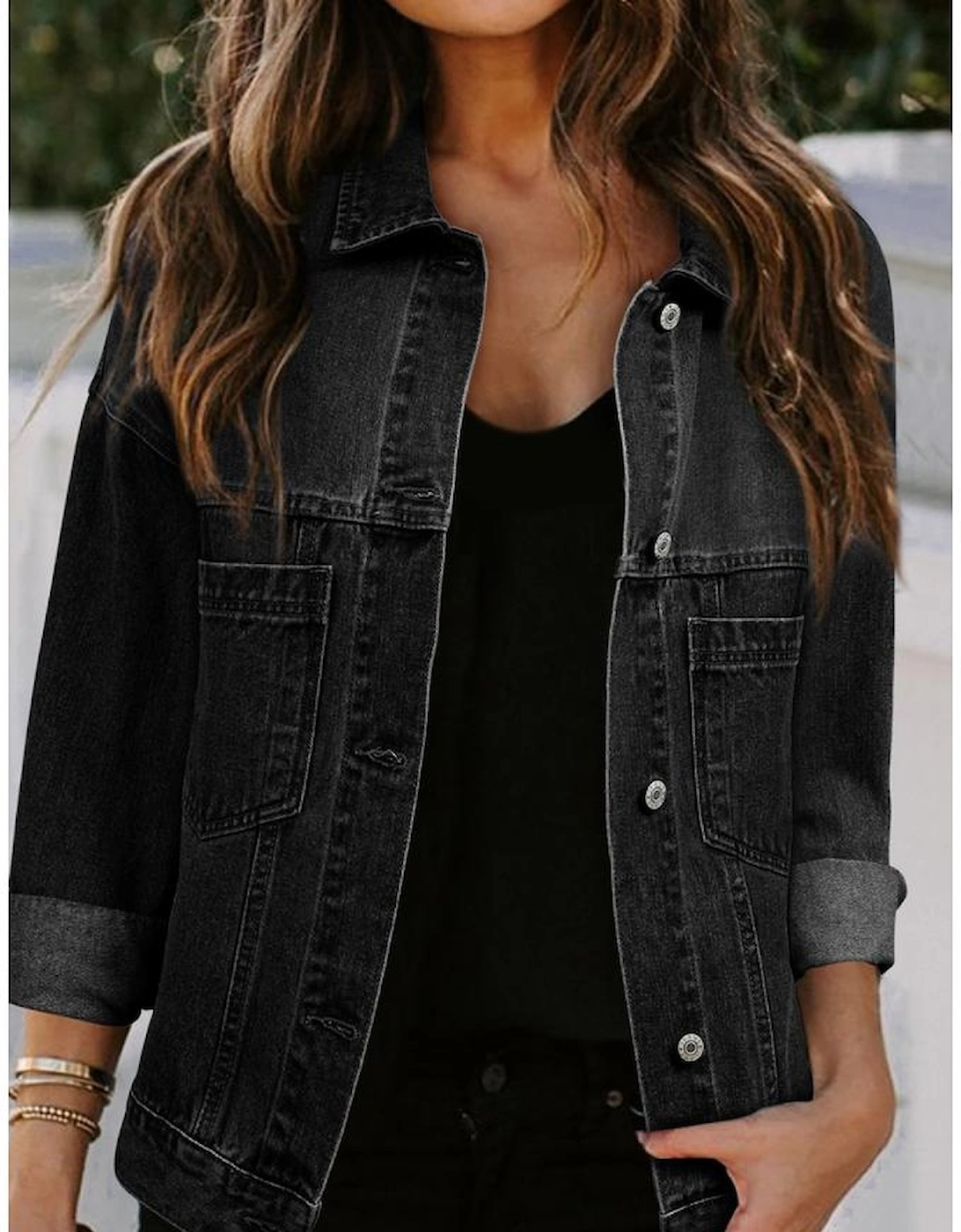 Black Washed Oversize Pocketed Denim Jacket