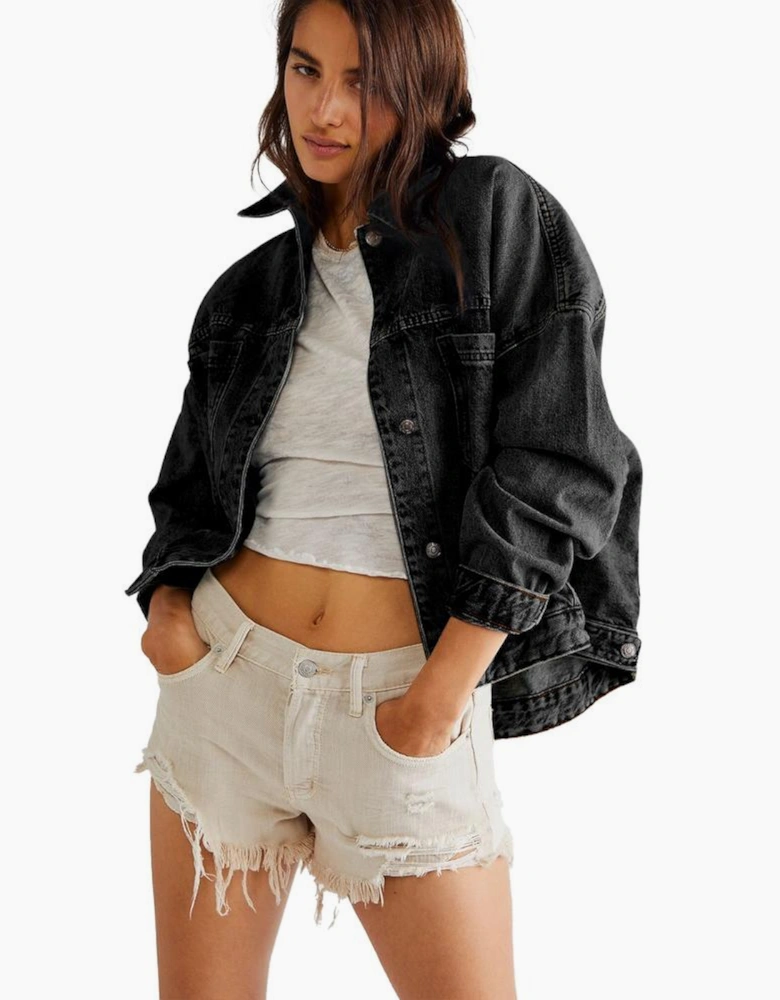 Black Washed Oversize Pocketed Denim Jacket