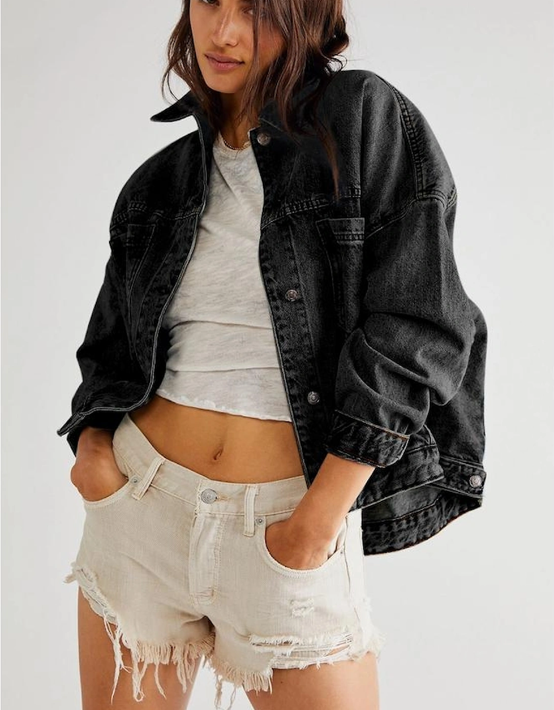 Black Washed Oversize Pocketed Denim Jacket