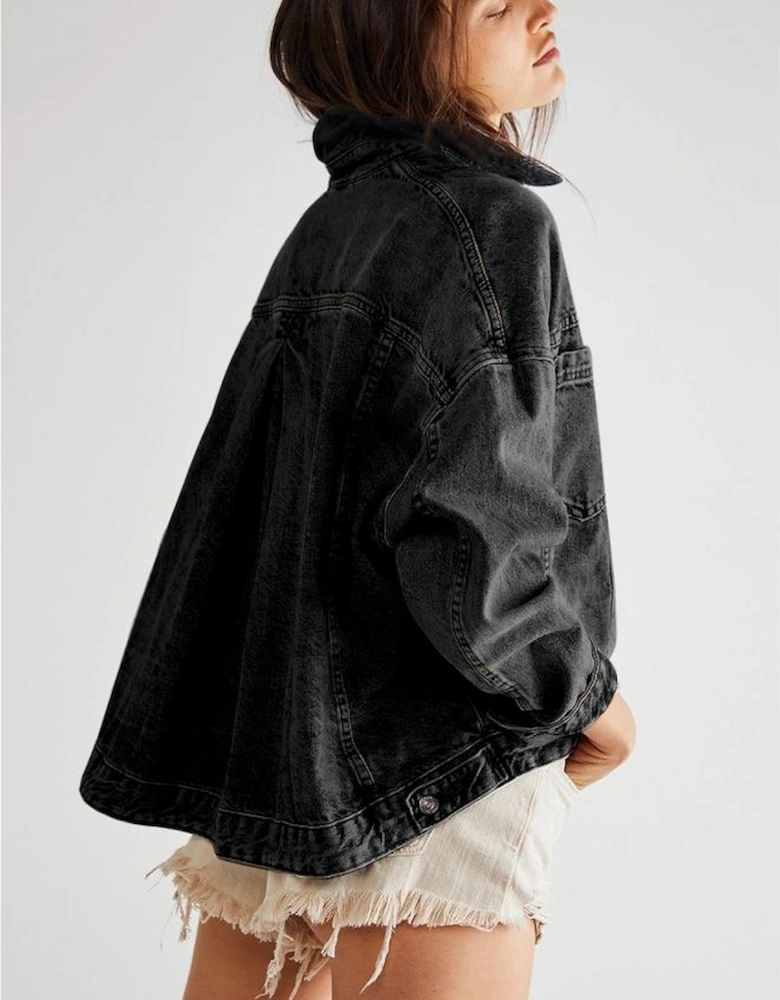 Black Washed Oversize Pocketed Denim Jacket