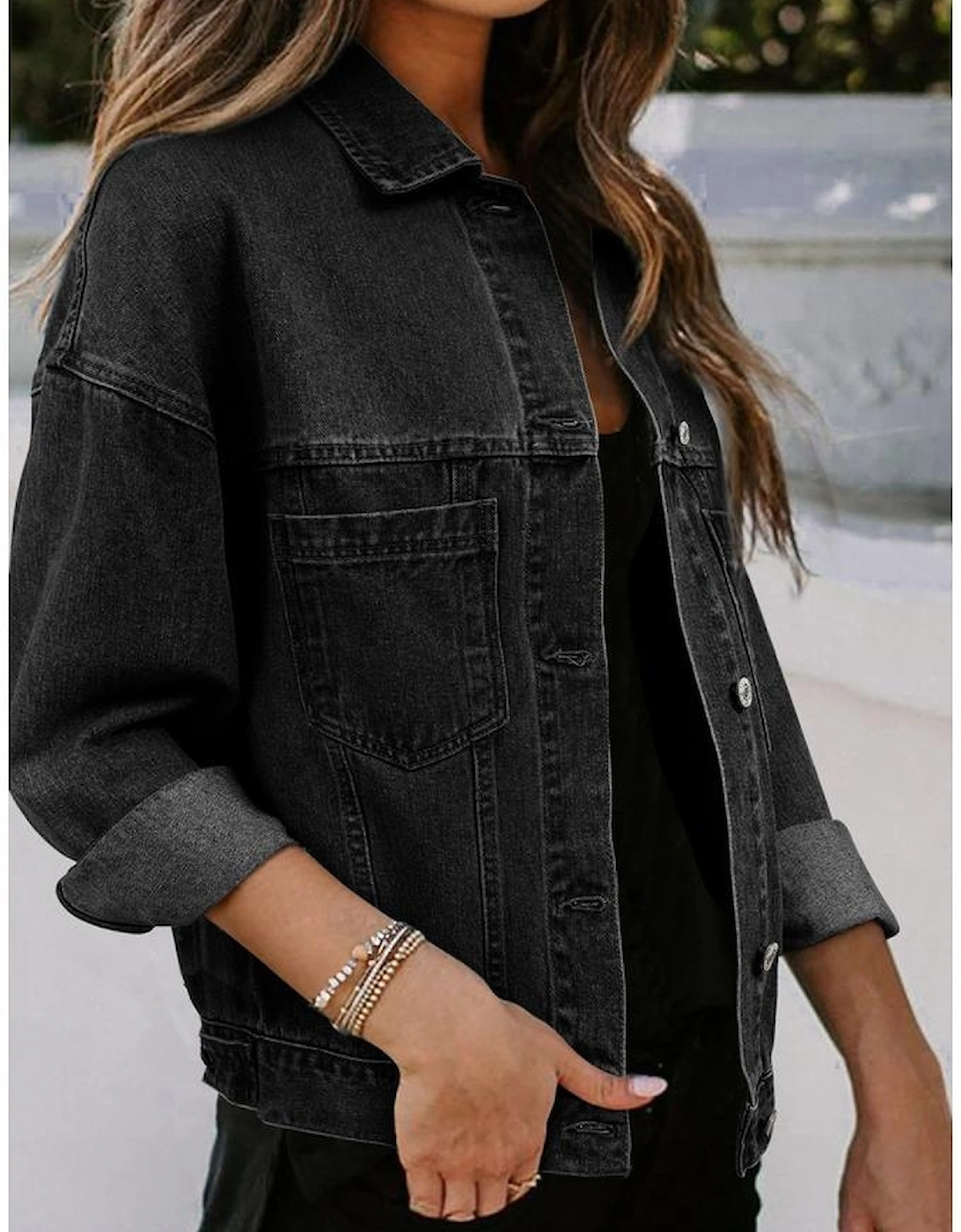 Black Washed Oversize Pocketed Denim Jacket