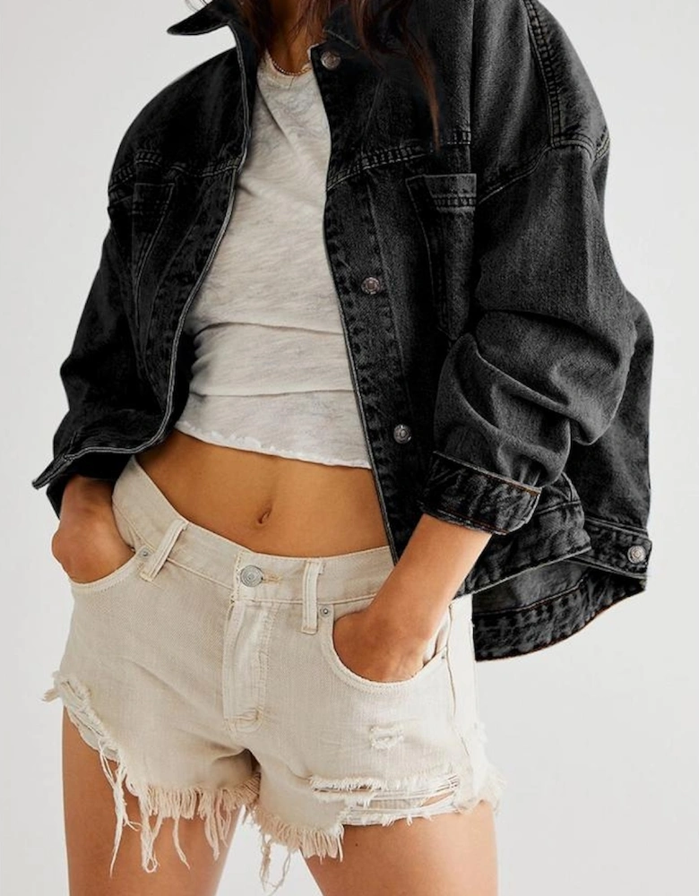 Black Washed Oversize Pocketed Denim Jacket
