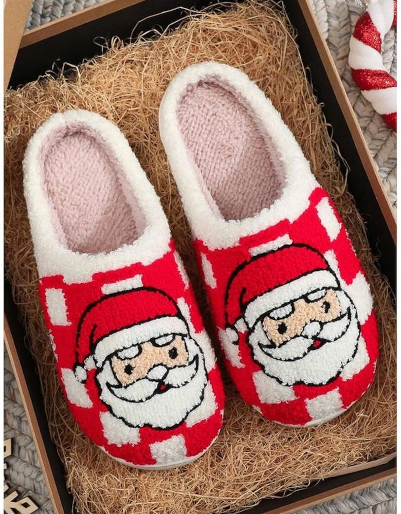 Fiery Red Checkered Santa Claus Graphic Plush Home Slippers