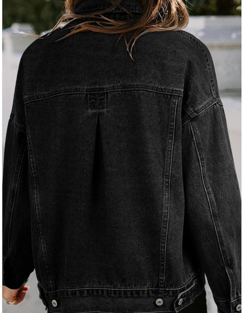 Black Washed Oversize Pocketed Denim Jacket