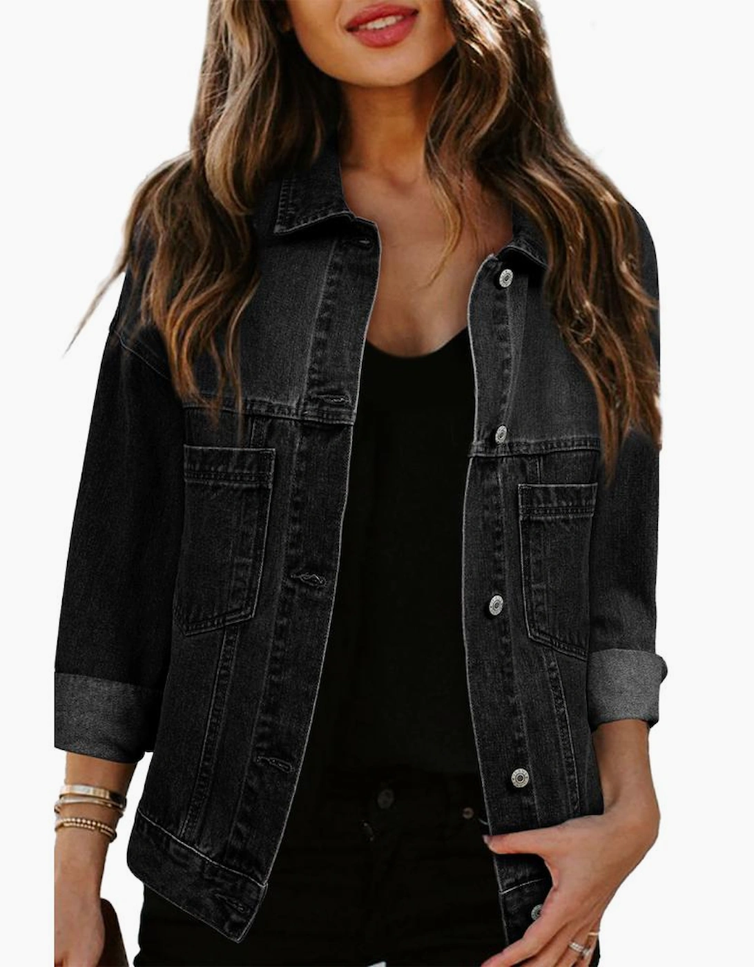 Black Washed Oversize Pocketed Denim Jacket
