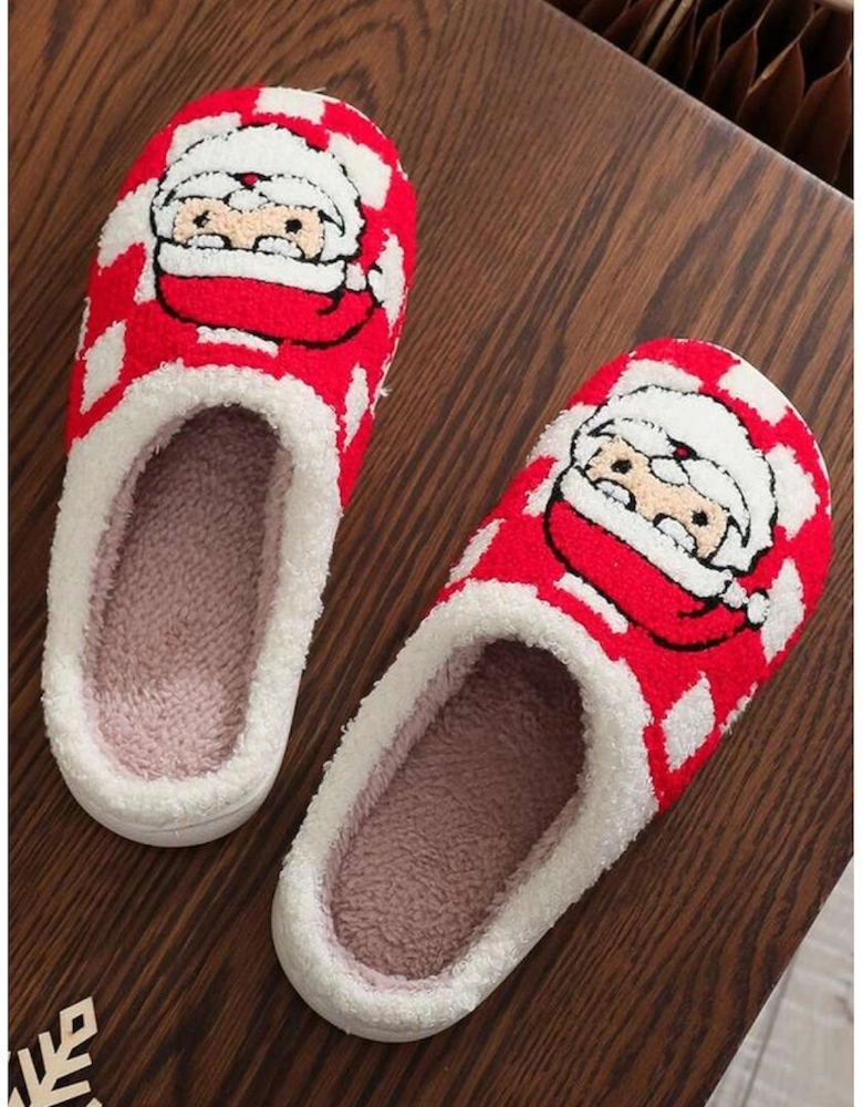 Fiery Red Checkered Santa Claus Graphic Plush Home Slippers