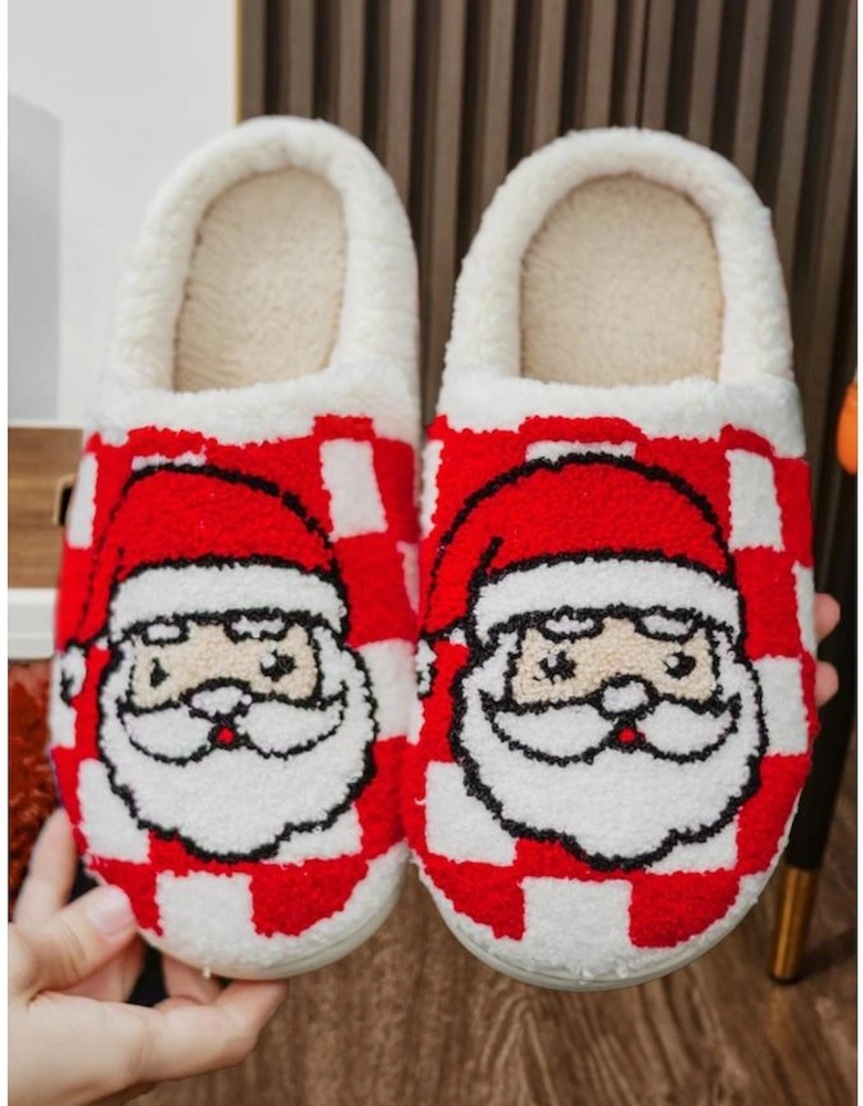 Fiery Red Checkered Santa Claus Graphic Plush Home Slippers