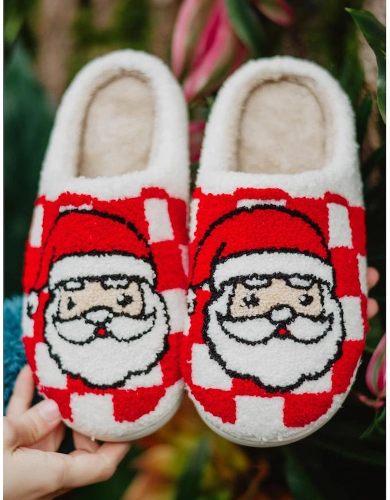 Fiery Red Checkered Santa Claus Graphic Plush Home Slippers