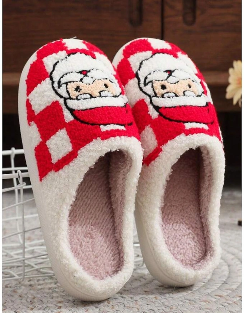 Fiery Red Checkered Santa Claus Graphic Plush Home Slippers