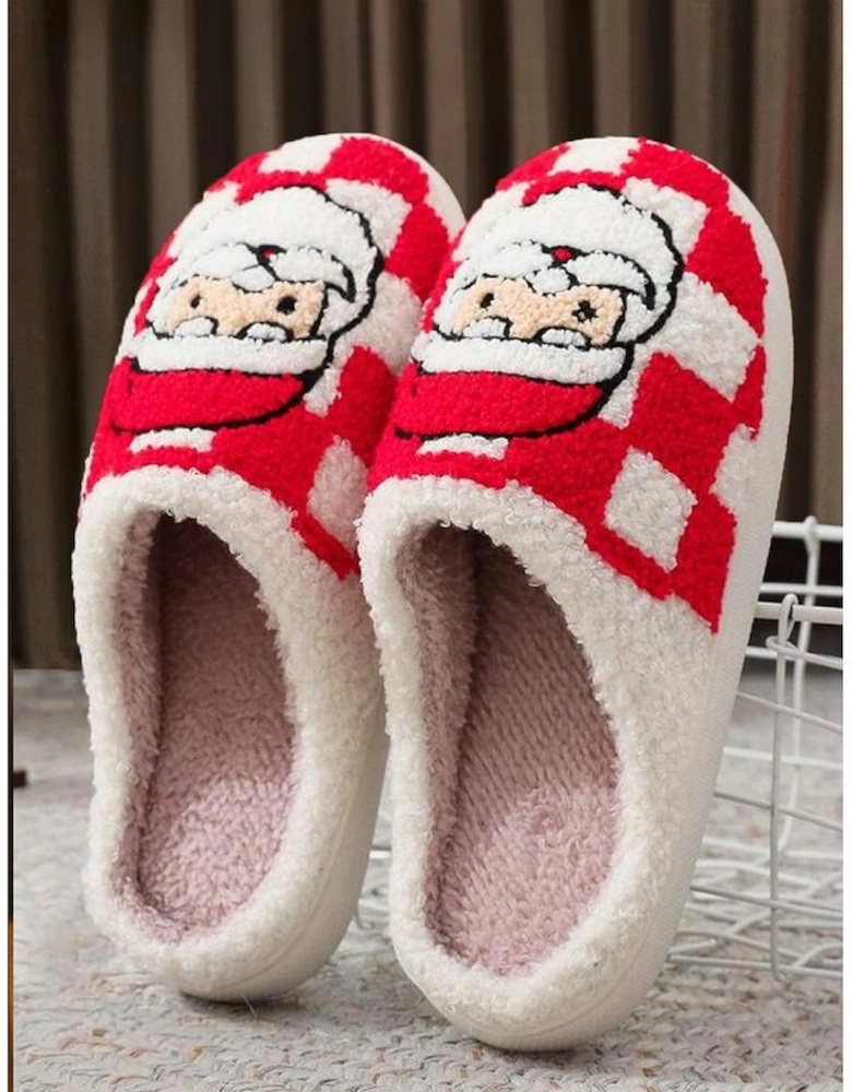 Fiery Red Checkered Santa Claus Graphic Plush Home Slippers