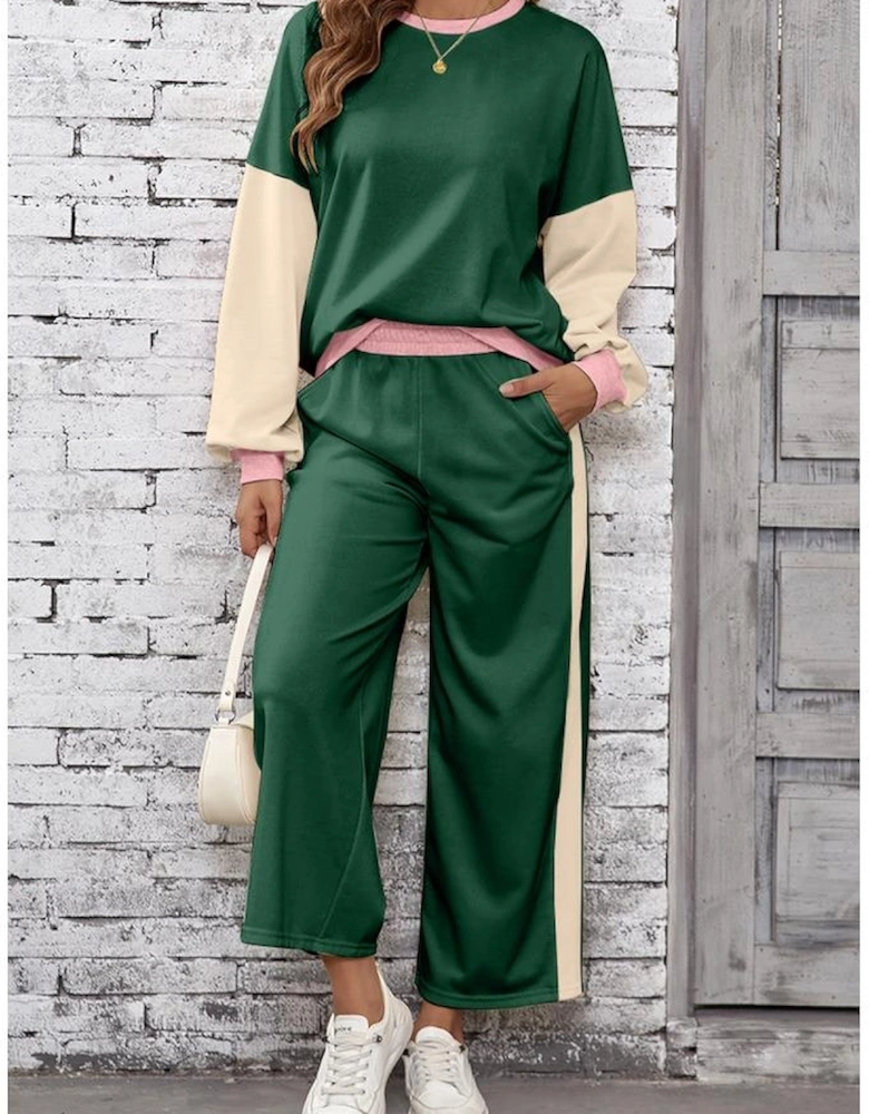 Blackish Green 2pcs Color Block Pullover Loose Pant Set