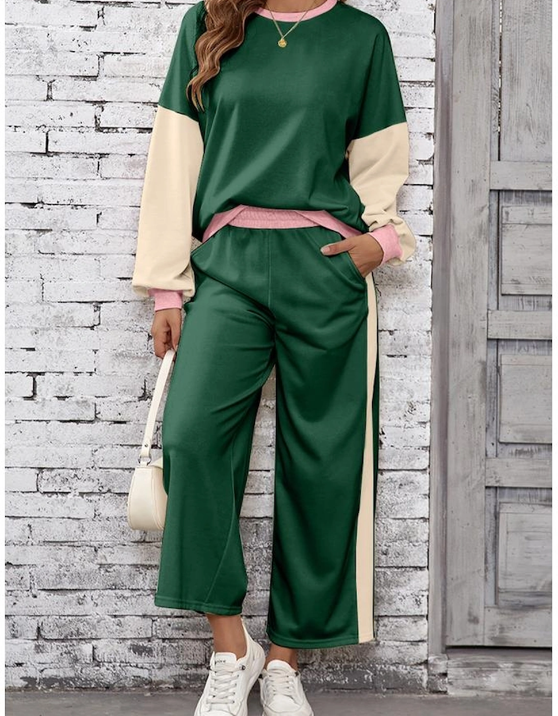 Blackish Green 2pcs Color Block Pullover Loose Pant Set