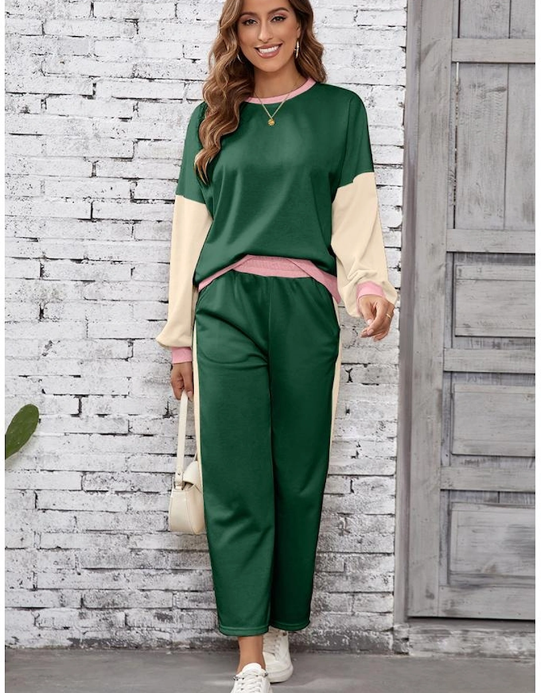 Blackish Green 2pcs Color Block Pullover Loose Pant Set