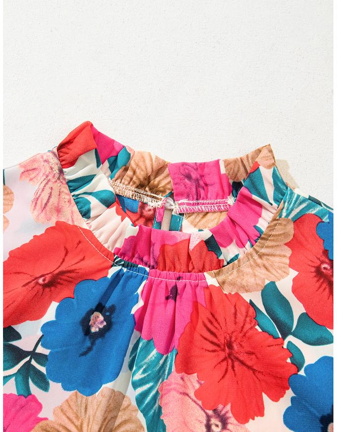 Sky Blue Floral Mock Neck Striped Flutter Sleeve Blouse