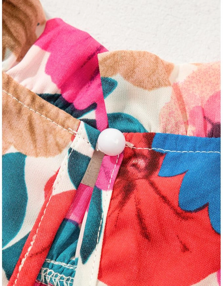 Sky Blue Floral Mock Neck Striped Flutter Sleeve Blouse