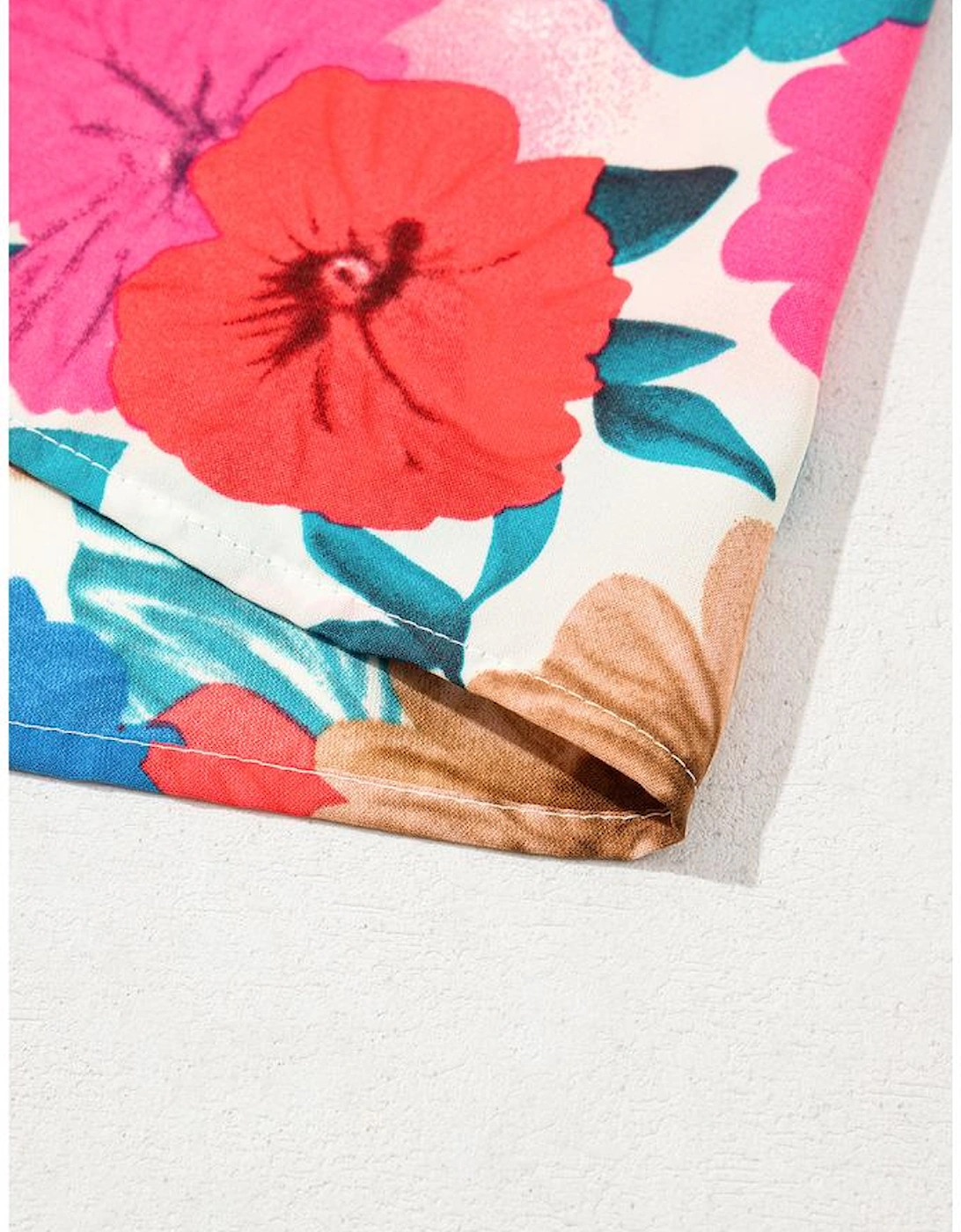 Sky Blue Floral Mock Neck Striped Flutter Sleeve Blouse