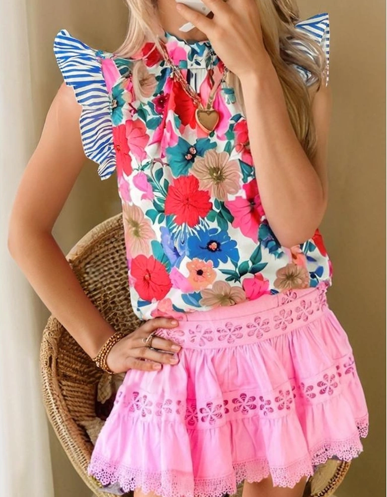 Sky Blue Floral Mock Neck Striped Flutter Sleeve Blouse