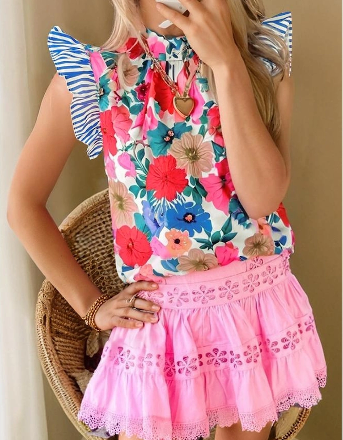 Sky Blue Floral Mock Neck Striped Flutter Sleeve Blouse