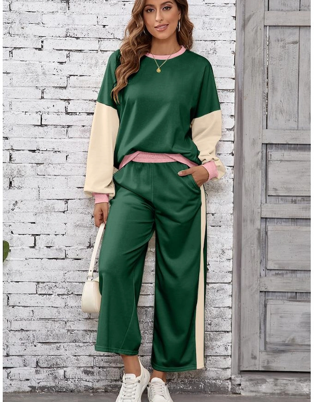Blackish Green 2pcs Color Block Pullover Loose Pant Set