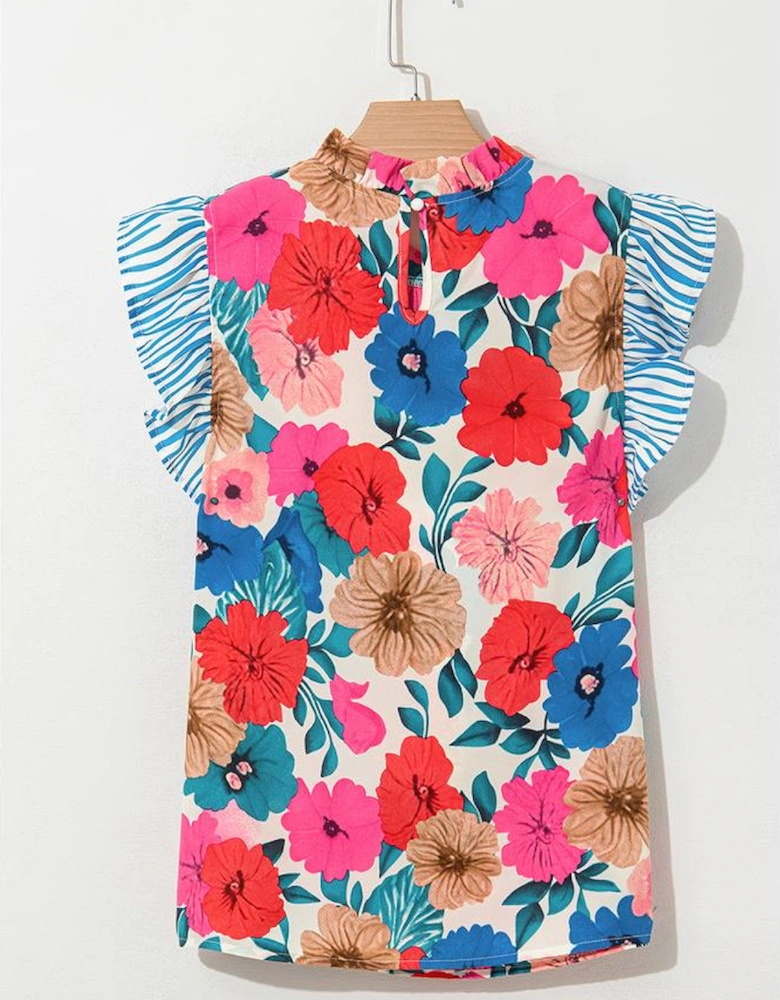 Sky Blue Floral Mock Neck Striped Flutter Sleeve Blouse