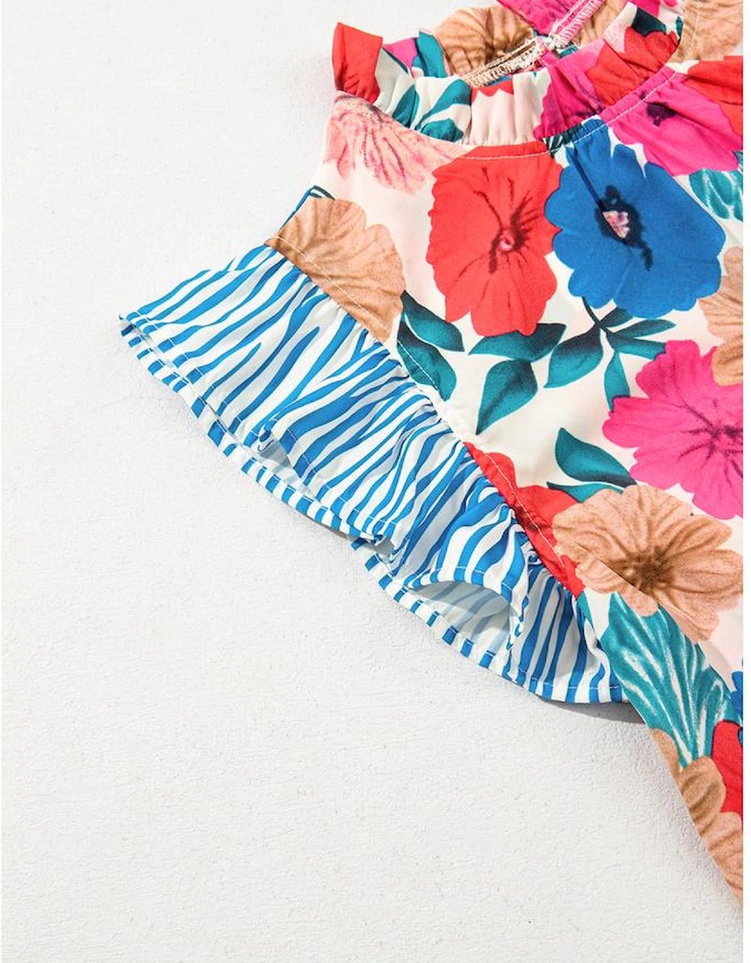 Sky Blue Floral Mock Neck Striped Flutter Sleeve Blouse