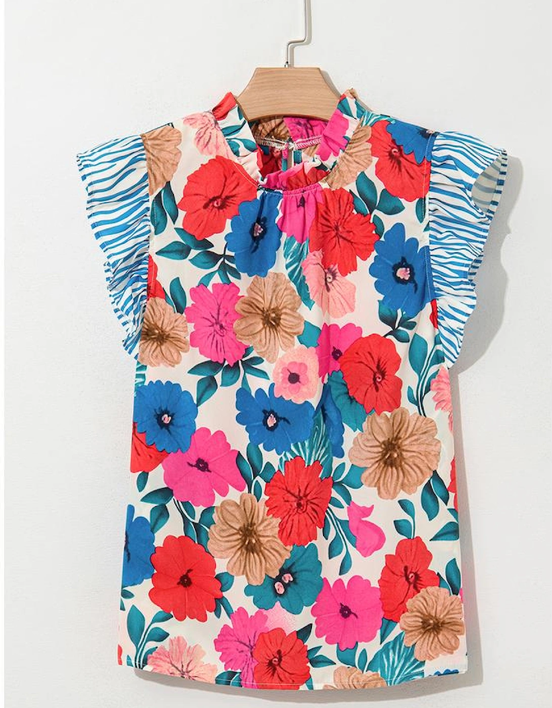 Sky Blue Floral Mock Neck Striped Flutter Sleeve Blouse, 9 of 8