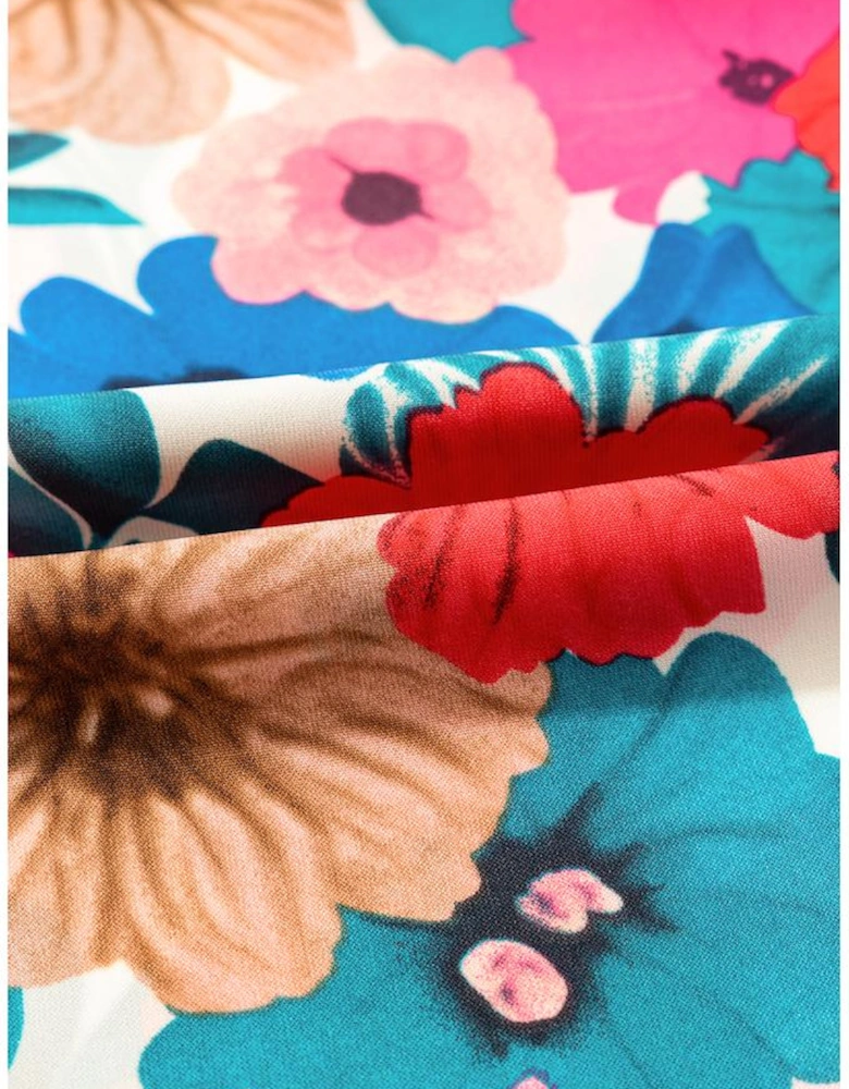 Sky Blue Floral Mock Neck Striped Flutter Sleeve Blouse