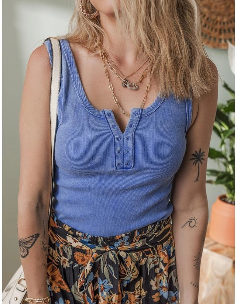 Sky Blue Mineral Wash Ribbed Notch Neck Tank Top