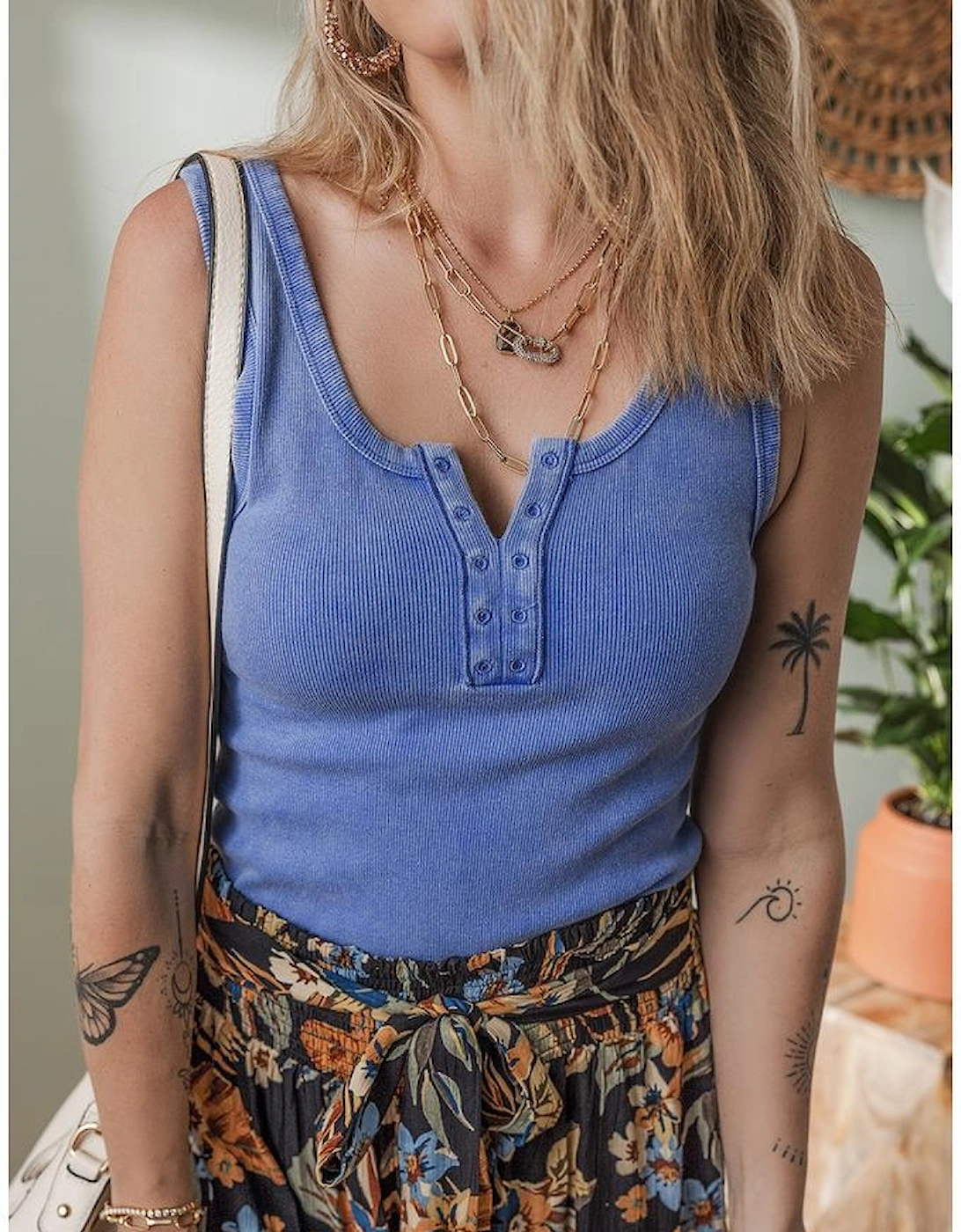 Sky Blue Mineral Wash Ribbed Notch Neck Tank Top