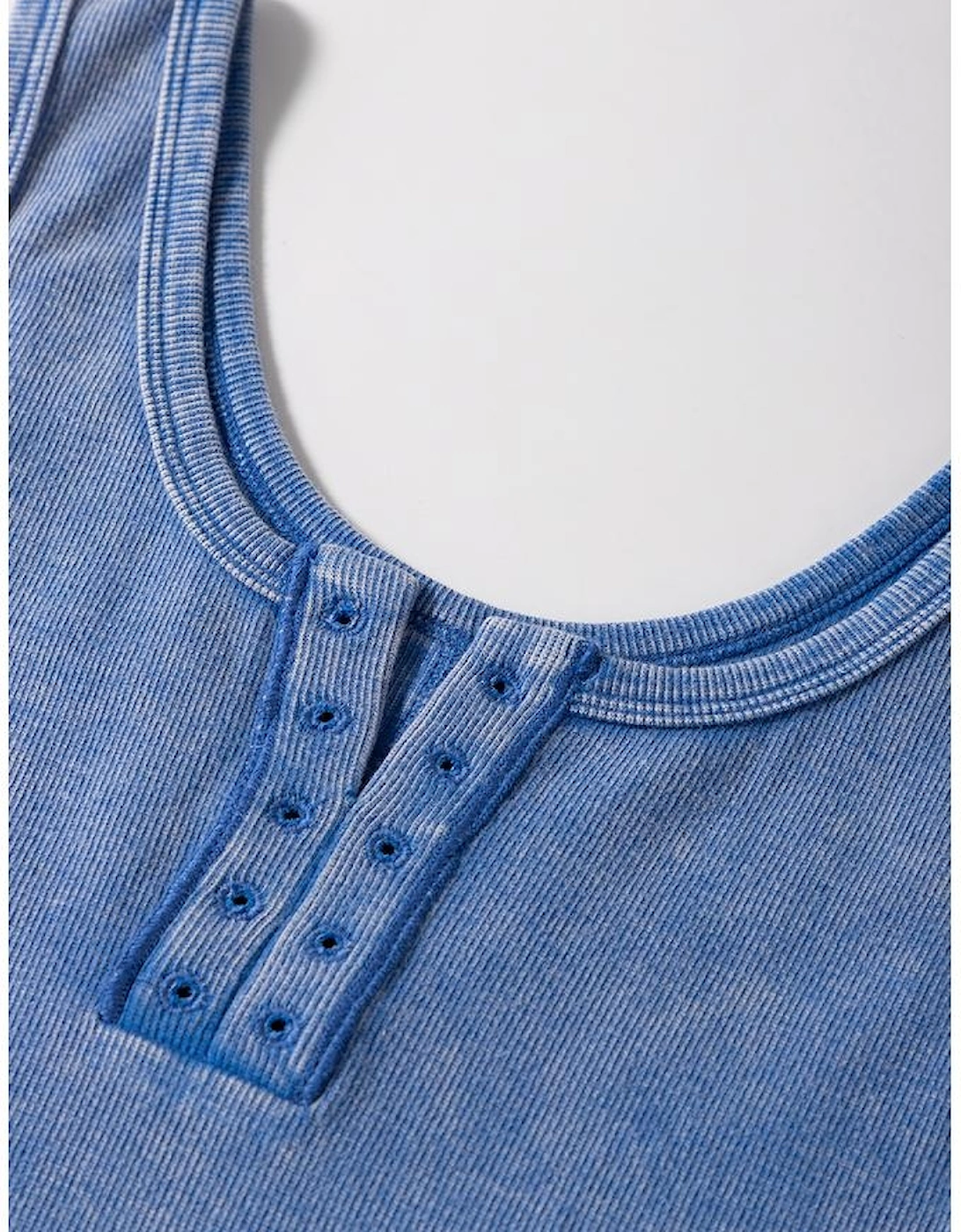 Sky Blue Mineral Wash Ribbed Notch Neck Tank Top