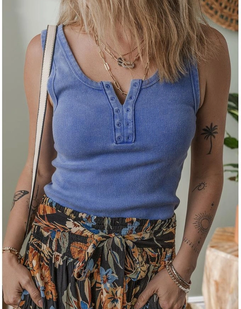 Sky Blue Mineral Wash Ribbed Notch Neck Tank Top