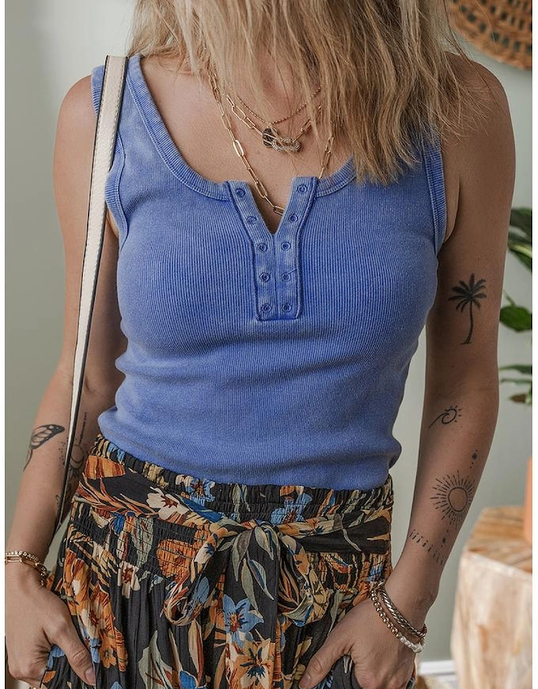 Sky Blue Mineral Wash Ribbed Notch Neck Tank Top