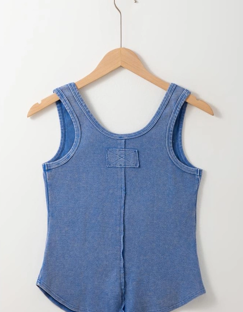 Sky Blue Mineral Wash Ribbed Notch Neck Tank Top