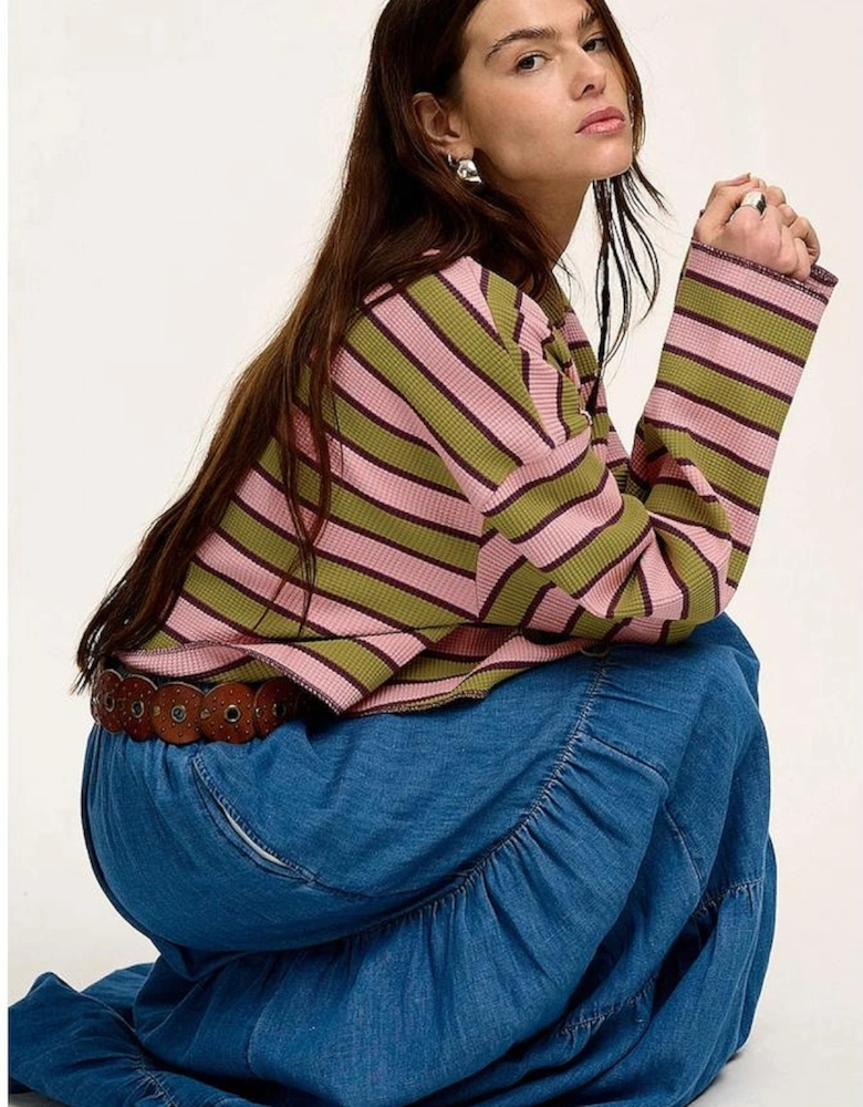 Spinach Green Clashing Stripes Waffle Texture Notched Neck Long Sleeve Top