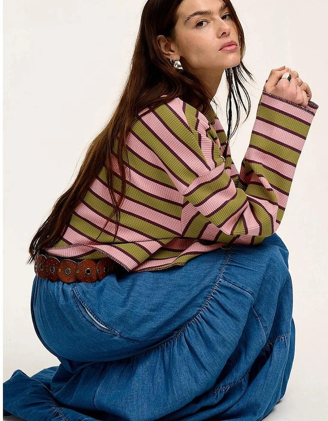 Spinach Green Clashing Stripes Waffle Texture Notched Neck Long Sleeve Top, 16 of 15