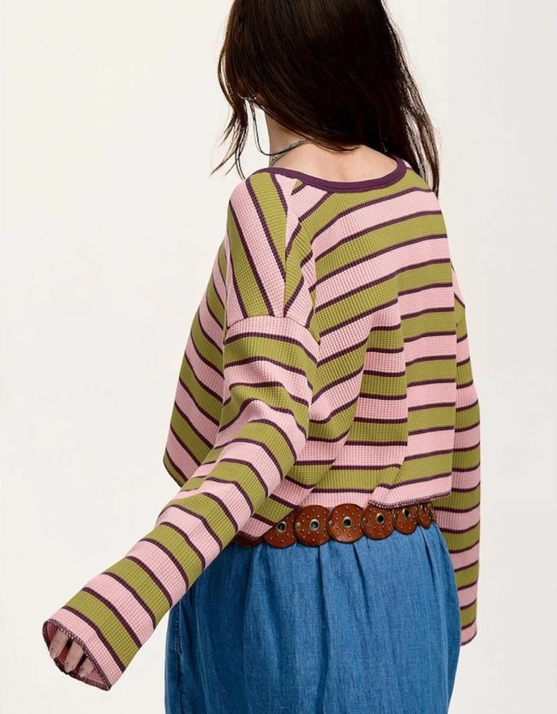 Spinach Green Clashing Stripes Waffle Texture Notched Neck Long Sleeve Top