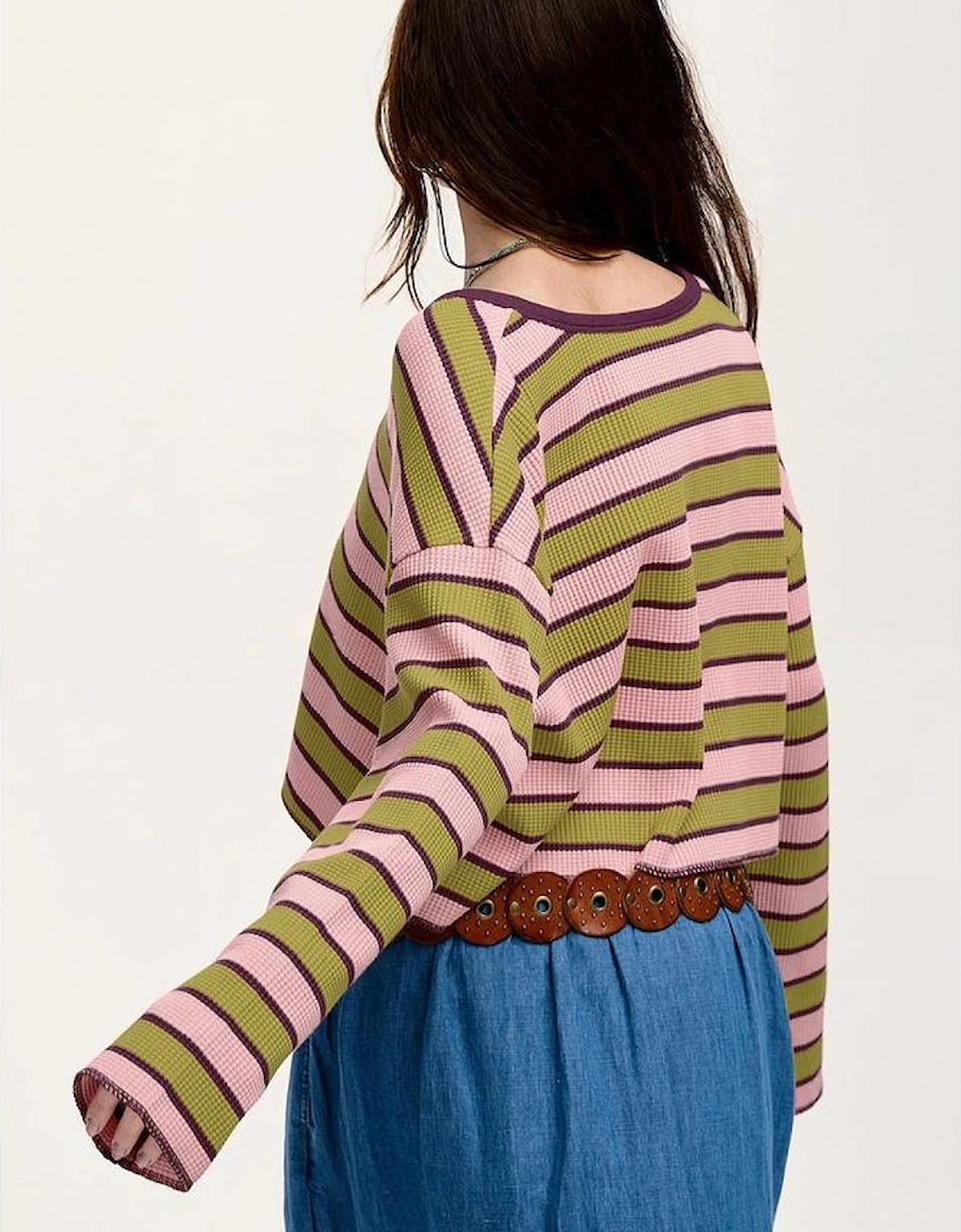 Spinach Green Clashing Stripes Waffle Texture Notched Neck Long Sleeve Top