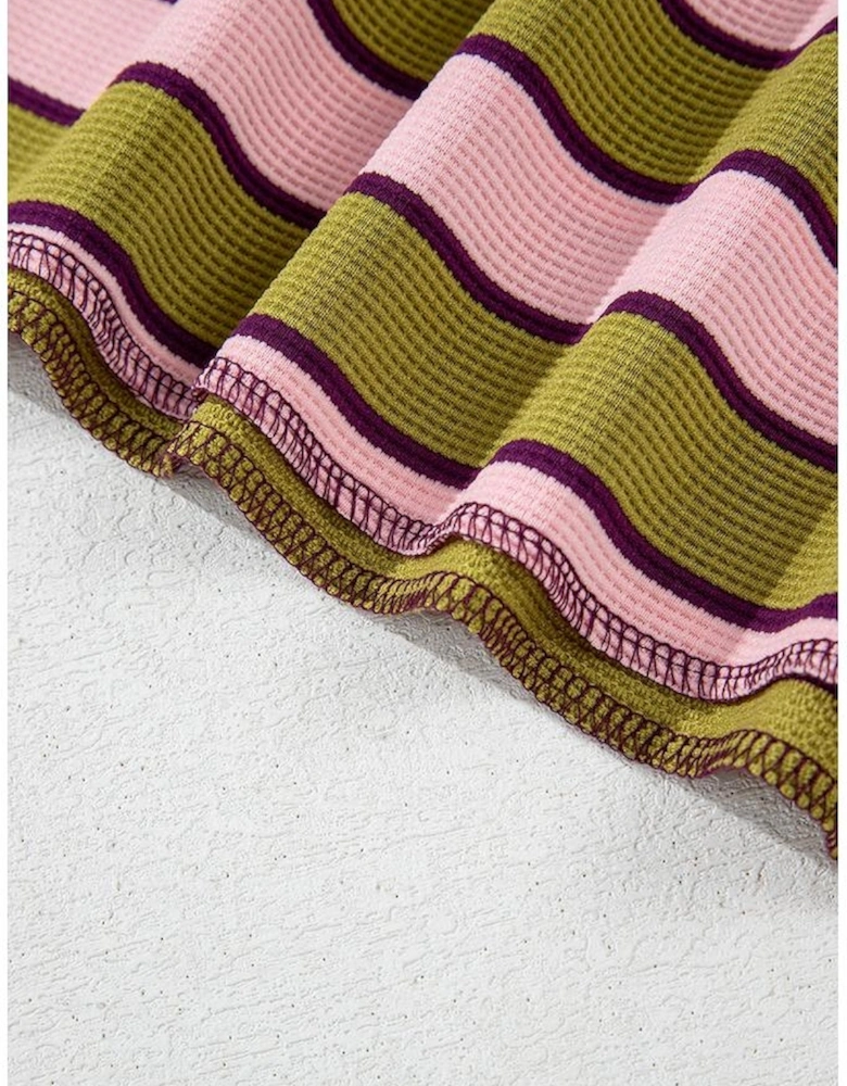 Spinach Green Clashing Stripes Waffle Texture Notched Neck Long Sleeve Top