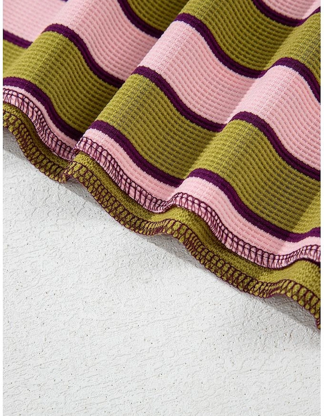 Spinach Green Clashing Stripes Waffle Texture Notched Neck Long Sleeve Top