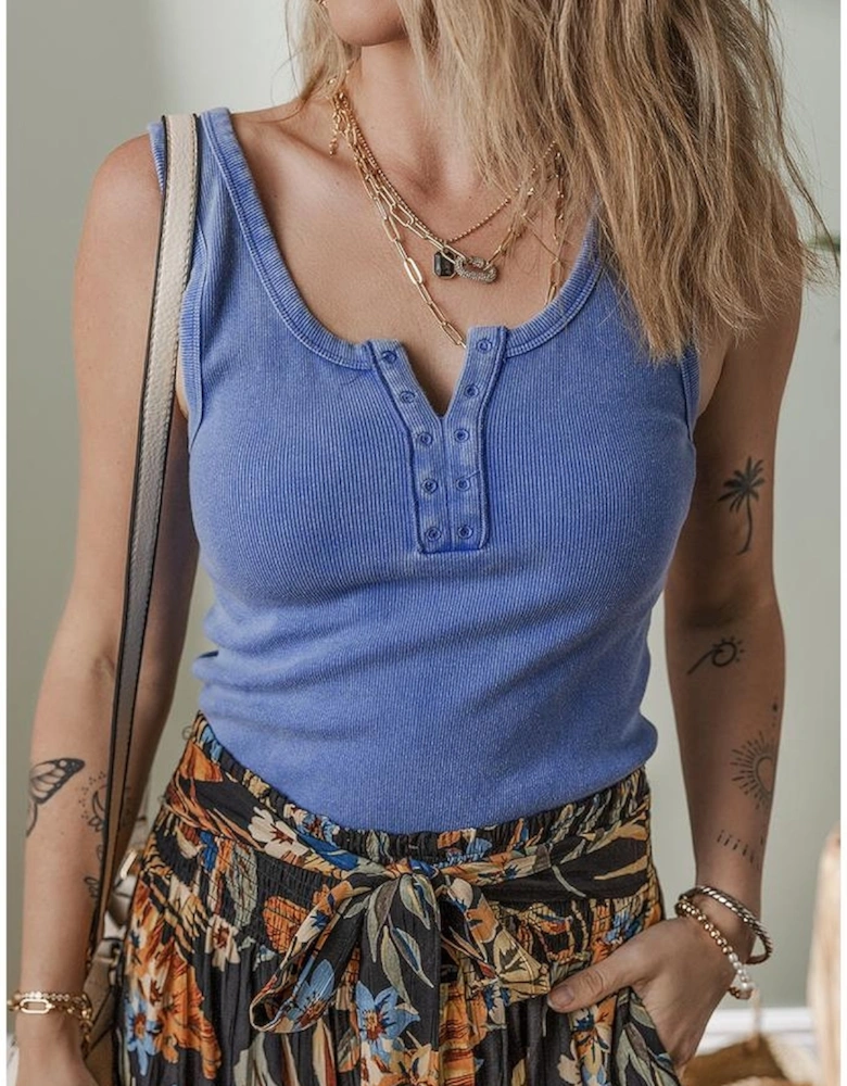 Sky Blue Mineral Wash Ribbed Notch Neck Tank Top