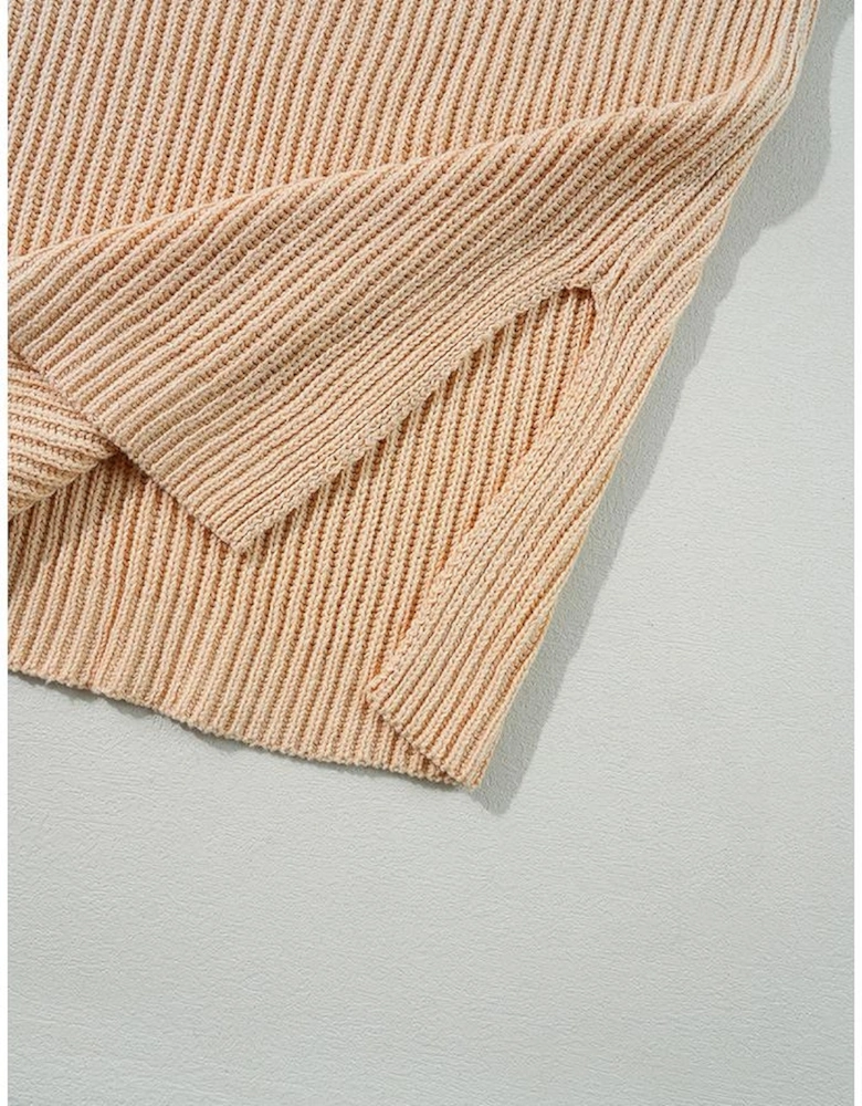 Apricot Cable Knit Drop Shoulder Side Slits Loose Sweater