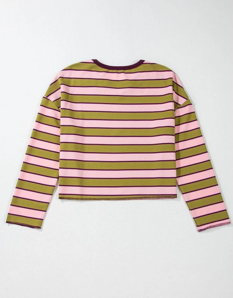 Spinach Green Clashing Stripes Waffle Texture Notched Neck Long Sleeve Top
