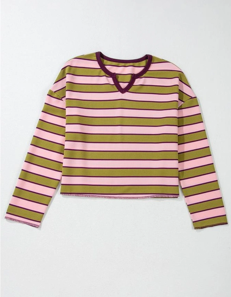 Spinach Green Clashing Stripes Waffle Texture Notched Neck Long Sleeve Top