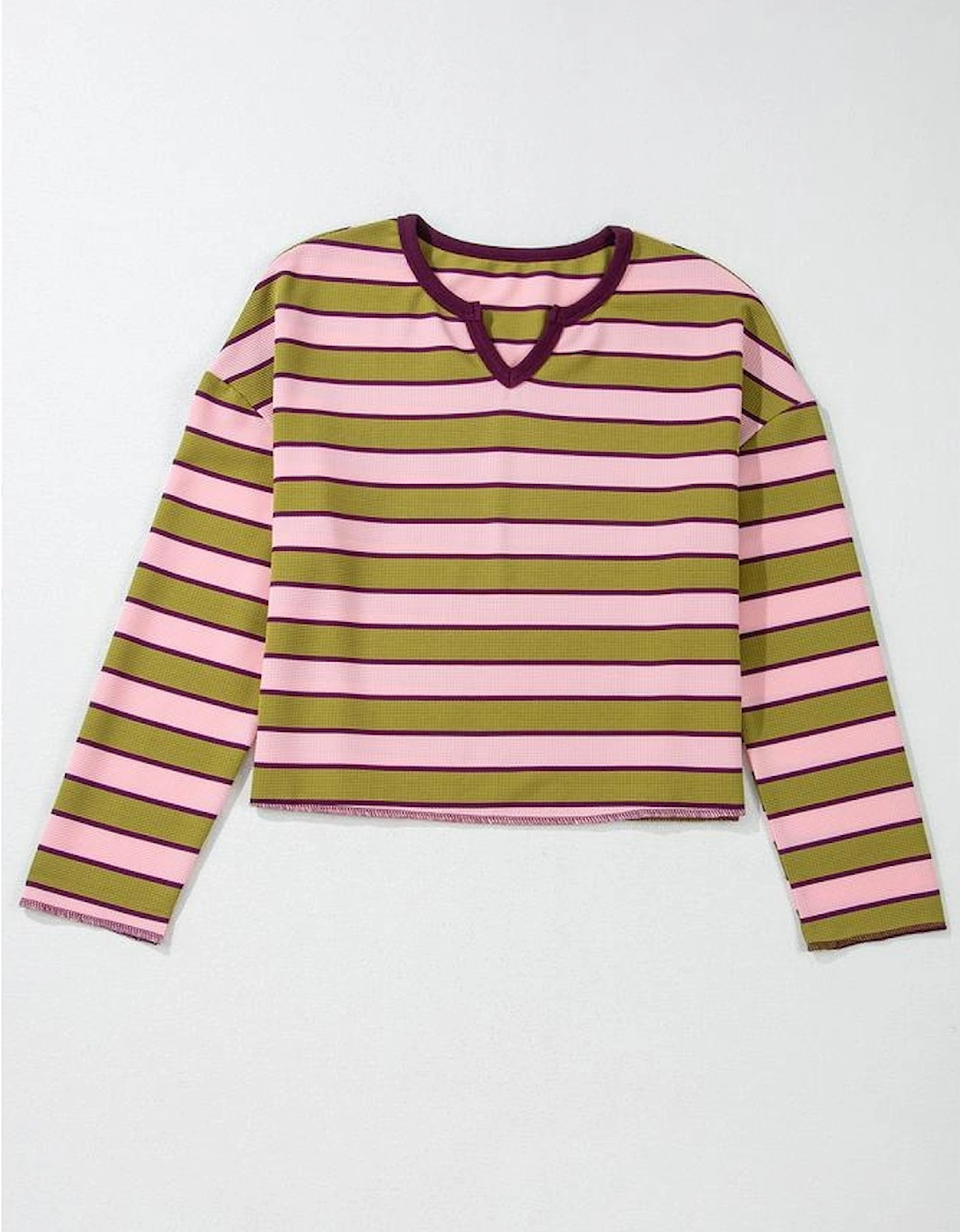 Spinach Green Clashing Stripes Waffle Texture Notched Neck Long Sleeve Top