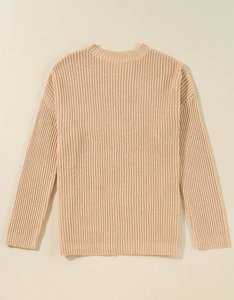 Apricot Cable Knit Drop Shoulder Side Slits Loose Sweater