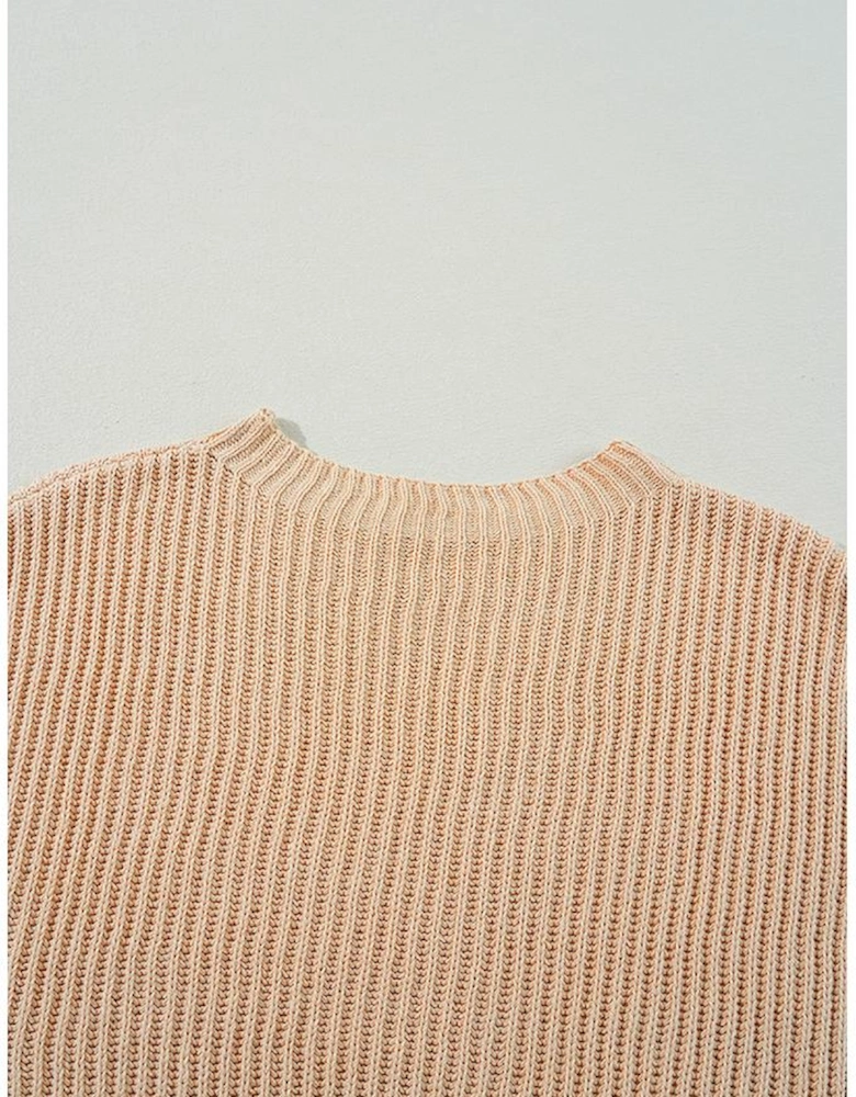 Apricot Cable Knit Drop Shoulder Side Slits Loose Sweater