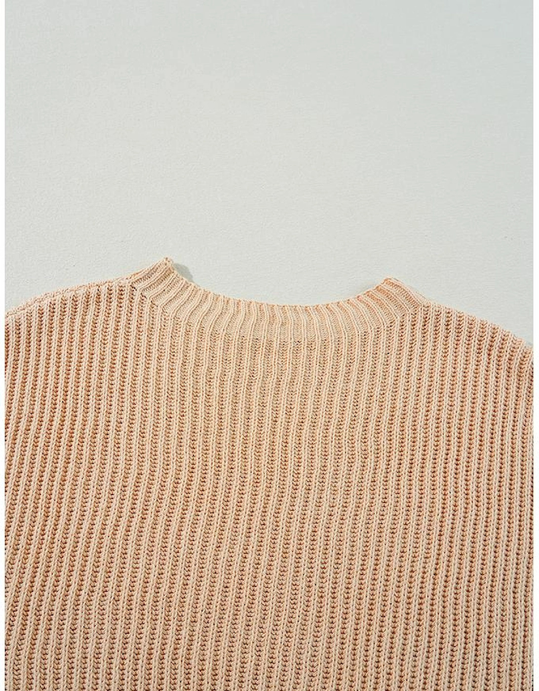 Apricot Cable Knit Drop Shoulder Side Slits Loose Sweater